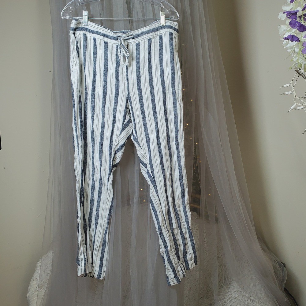 Euro Summer Coastal Linen Blend Pants Nautical Striped Casual Vaca Size L Resort - Picture 2 of 6